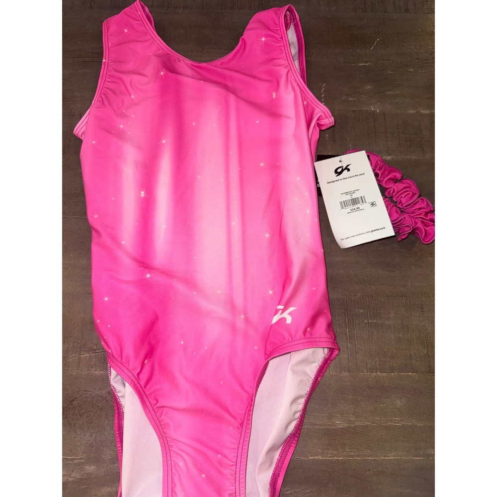 GK Elite Girls Pink Starburst Gymnastics Leotard with Scrunchie E37149149CL CL